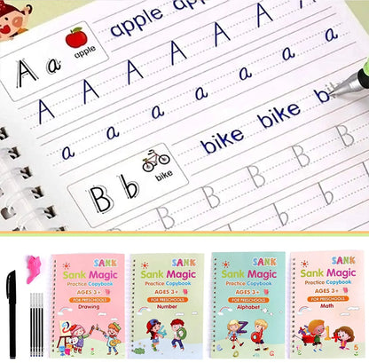 SANK Magic Practice Copybook Set (4 Books + 10 Refills + 1 Pen + 1 Grip) – English Handwriting Tracing Book for Kids, Preschool Learning & Calligraphy Practice