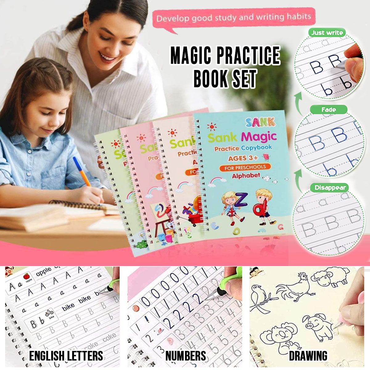 SANK Magic Practice Copybook Set (4 Books + 10 Refills + 1 Pen + 1 Grip) – English Handwriting Tracing Book for Kids, Preschool Learning & Calligraphy Practice
