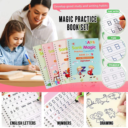 SANK Magic Practice Copybook Set (4 Books + 10 Refills + 1 Pen + 1 Grip) – English Handwriting Tracing Book for Kids, Preschool Learning & Calligraphy Practice