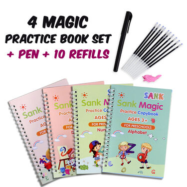 SANK Magic Practice Copybook Set (4 Books + 10 Refills + 1 Pen + 1 Grip) – English Handwriting Tracing Book for Kids, Preschool Learning & Calligraphy Practice